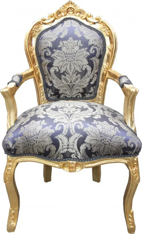 Echt Casa Padrino Baroque dining room chair royal blue pattern / gold with armrests