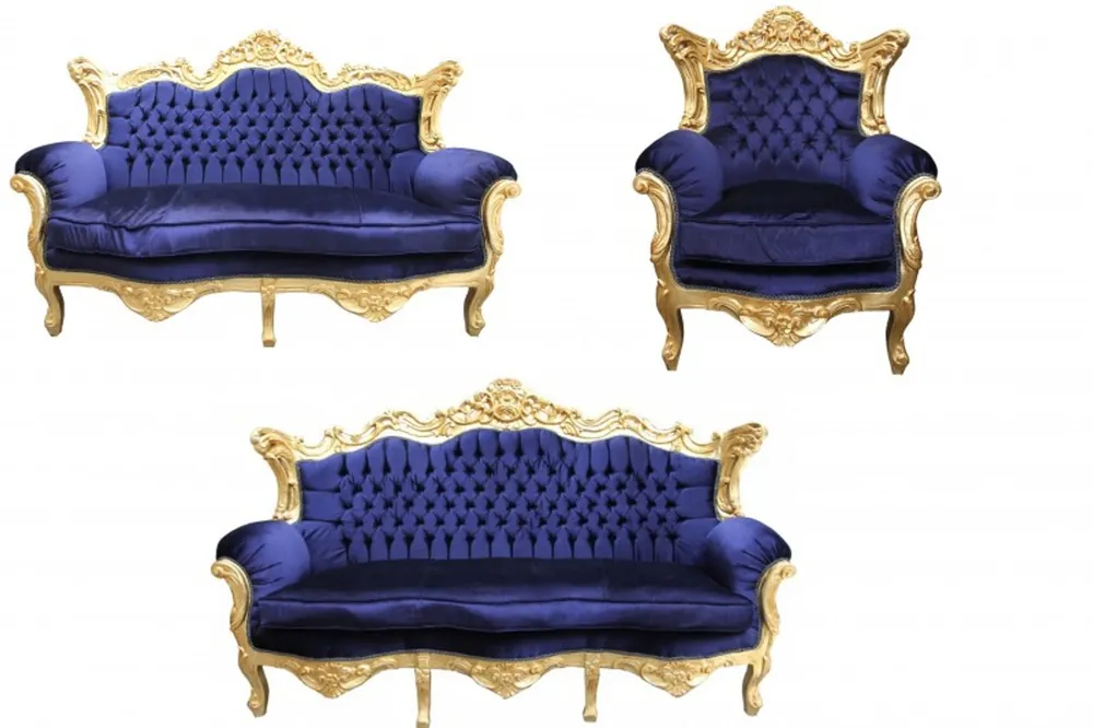Casa Padrino Baroque Living Room Set Royal Blue / Gold - 3 seater +2 seater sofa + 1 chair Neue Ware