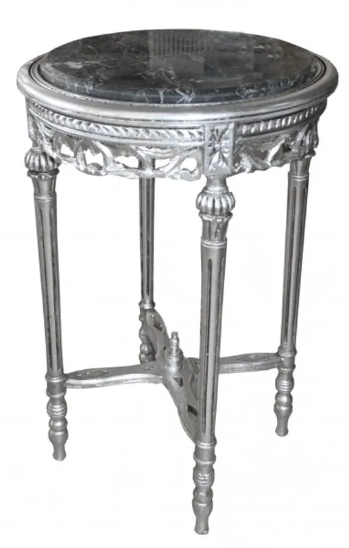 Baroque Side Table Round silver / grey marble slab ModY21 72 x 49 cm antique style Versand Am Gleichen Tag
