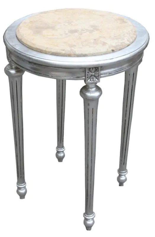 Baroque Side Table Round silver / cream marble slab ModY22 72 x 49 cm antique style Direkt Vom Hersteller