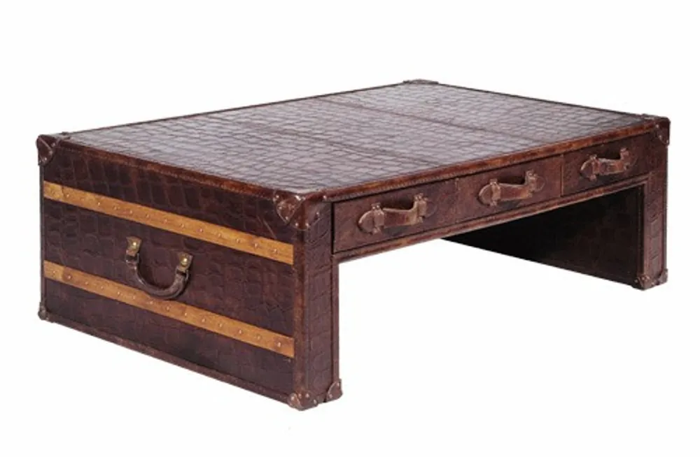 Online Kaufen Casa Padrino Art Deco luxury real leather coffee table in croc look brown L132 x W83 x H45 cm - Real Leather Vintage Look