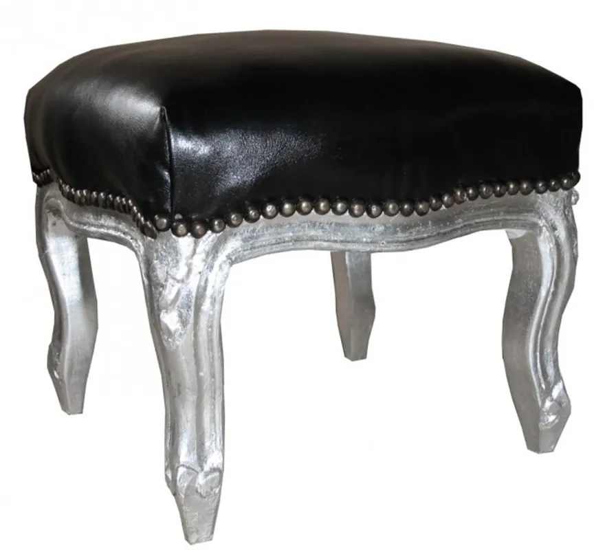 Casa Padrino baroque ottoman black leather look / Silver Sale