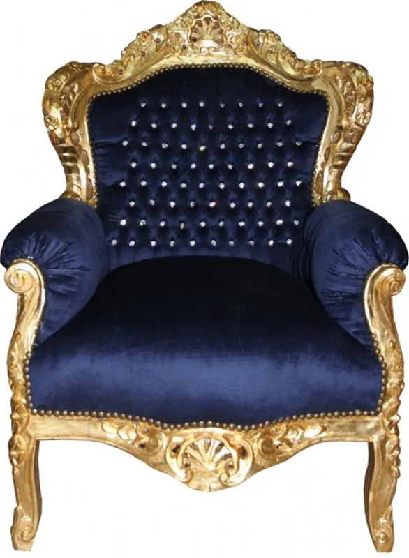 Must-Have Casa Padrino Baroque Armchair "King" Royal Blue / Gold with Bling Bling Rhinestones