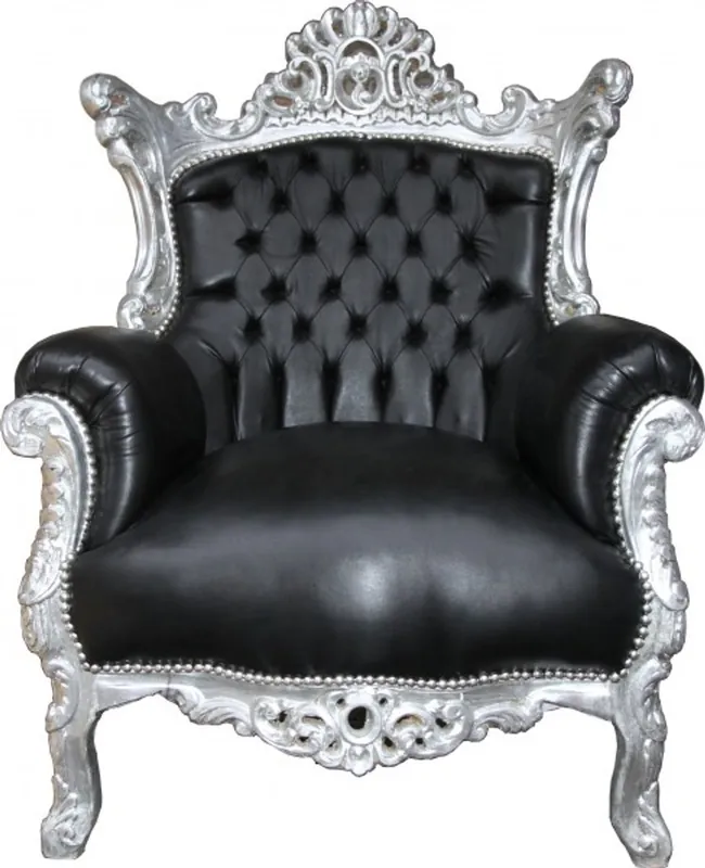 Letzte Chance Casa Padrino Baroque Armchair "Al Capone" Black leather look / silver mod1 - antique style