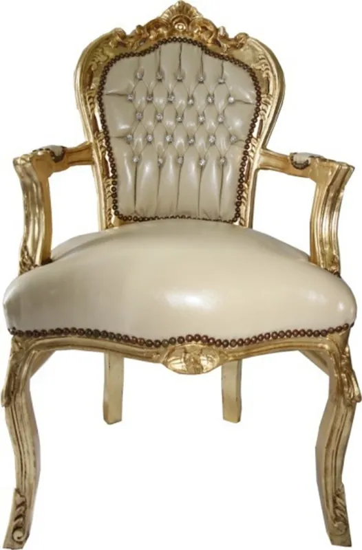 Kracherpreis Casa Padrino Baroque Dinner Chair Creme leather look / Gold with armrests - Furniture