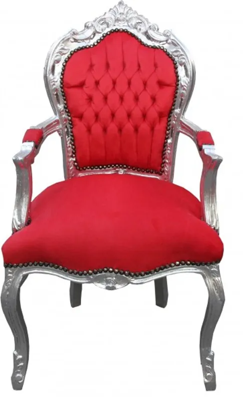 Casa Padrino Baroque Dinner Chair Red / Silver with armrest Top-Seller