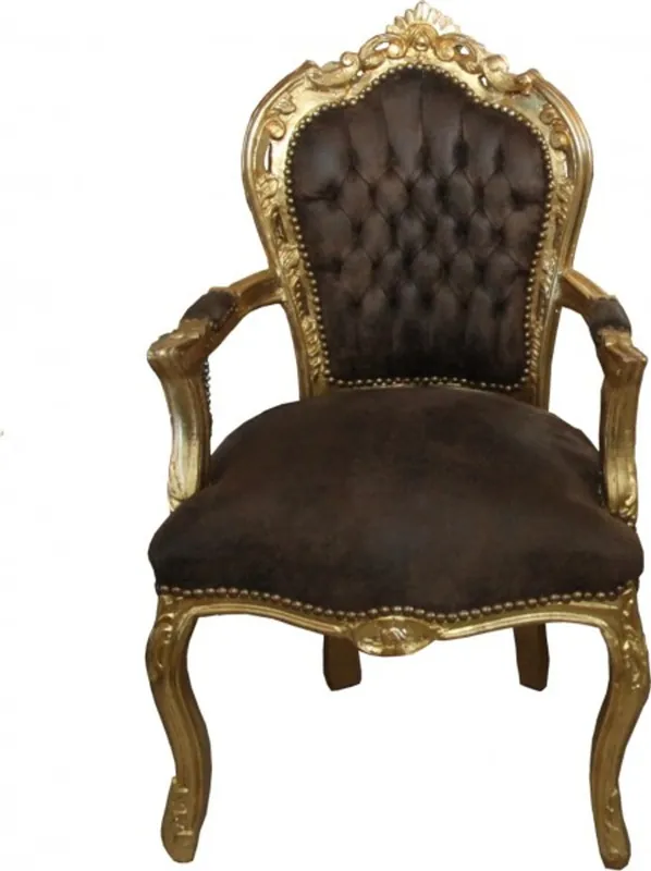 Casa Padrino Baroque Dinner Chair with armrests Brown / Gold Leather Look Expressversand