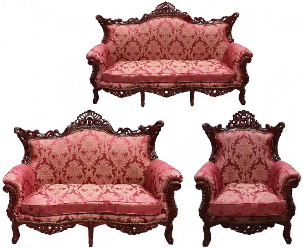 Casa Padrino Baroque living room set Bordeaux Pattern / Brown red - 3 seater sofa and 2 seater sofa + 1 armchair - Baroque Furniture Sale