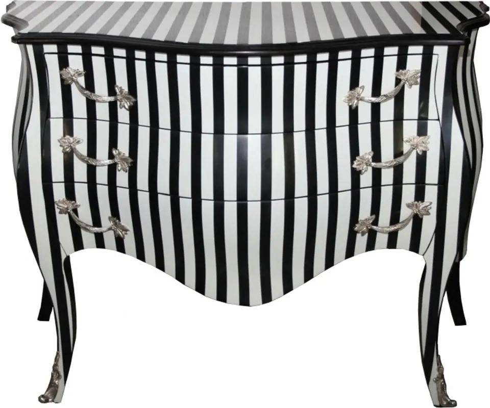 Sonderangebot Casa Padrino Baroque Commode Black / White Stripes 122 cm with silver metal applications - antique style