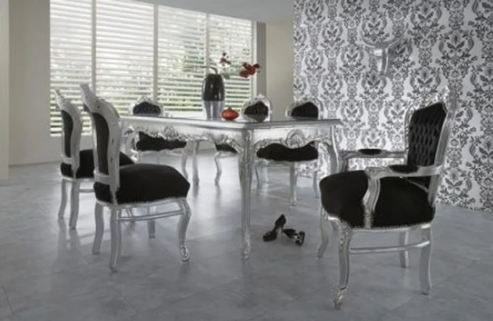 Abverkauf Casa Padrino Baroque Dinner Set Black / Silver / Silver - dining table + 6 chairs
