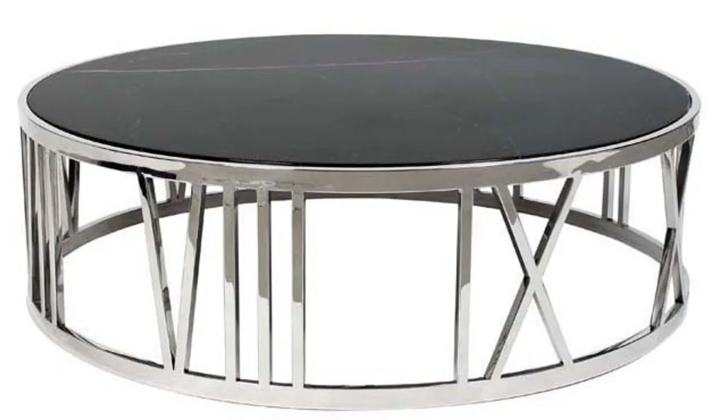 Markenware Casa Padrino luxury Art Deco coffee table round polished stainless steel with marble top - Luxury Collection