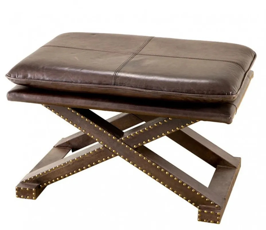 Casa Padrino luxury real leather stool Brown Olive with rivets - Leather Furniture Aktuell
