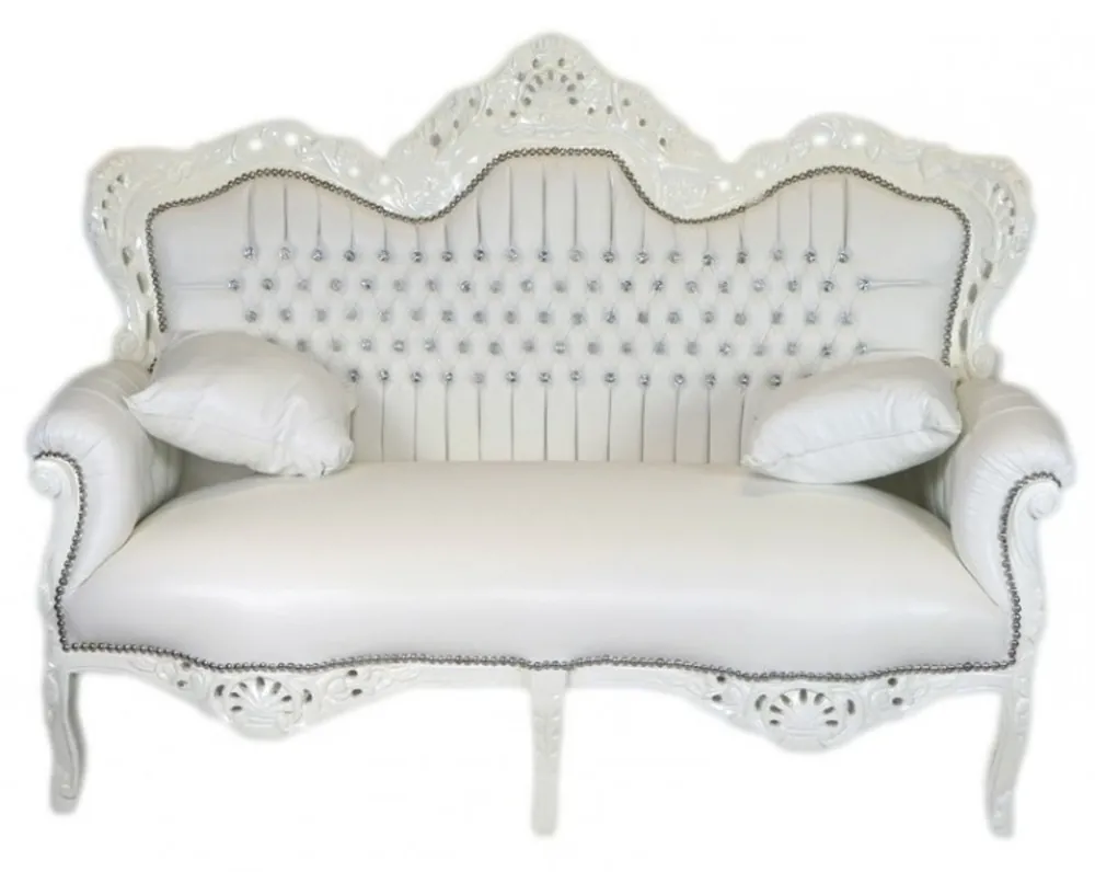 Neue Kollektion Casa Padrino Baroque Master 2 seater white leather look / white with bling bling rhinestones - living room couch furniture Lounge