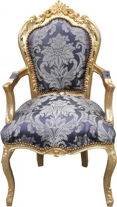 Casa Padrino Baroque Dinner Chair Blue Pattern / Gold with armrests - Limited Edition Kracherpreis