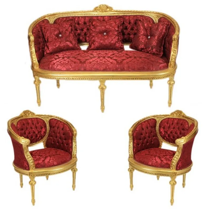 Nur Heute Casa Padrino Baroque Living Set Marseille Bordeaux Pattern / Gold - sofa + 2 armchairs