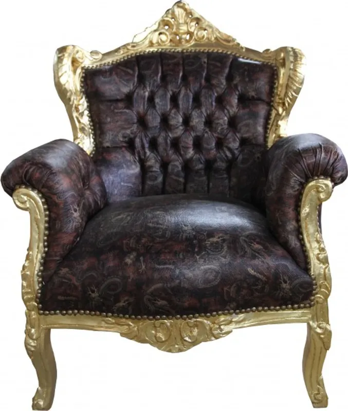 Casa Padrino Baroque Armchair Lord Brown / gold leather look - antique style Direktkauf
