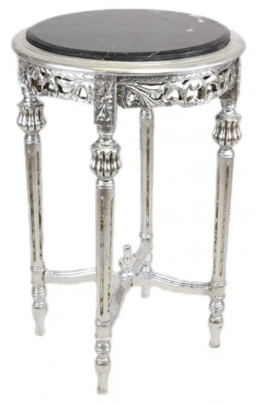 Casa Padrino Baroque table with black marble top round silver 70 x 45 cm antique style - phone flower stand Geprüft