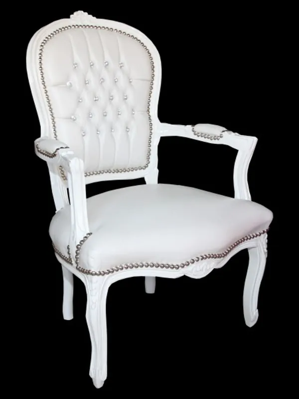 Casa Padrino Baroque Salon Chair White leather-look / white with bling bling rhinestones - furniture antique style Sonderaktion