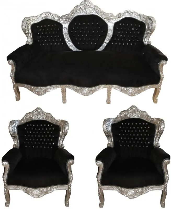 Direkt Vom Hersteller Casa Padrino baroque living room "King" Black / Silver Bling Bling diamante - 3 seater sofa + 2 armchairs