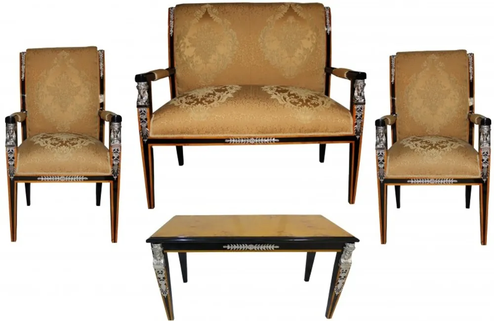 Letzte Chance Casa Padrino Baroque Empire Salon Set of 4 Gold Pattern / Black / Mahogany / Silver - bench + 2 chairs + coffee table