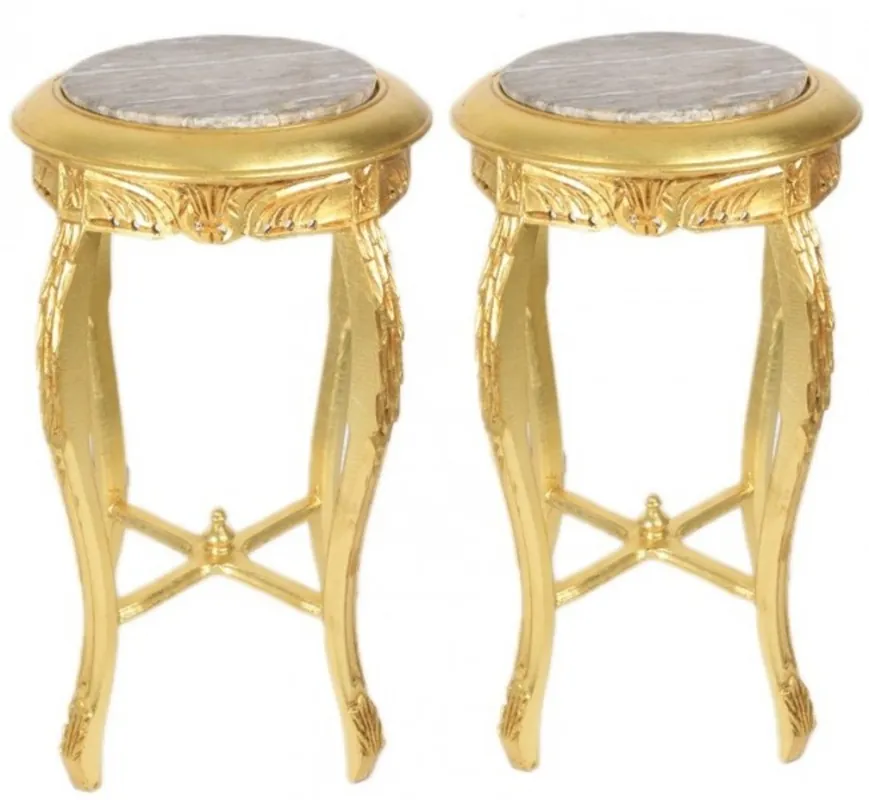 Wochenendangebot Casa Padrino Baroque Side Table Set of 2 with a cream marble top Round Gold 70 x 40 cm antique style - phone Blumentisch