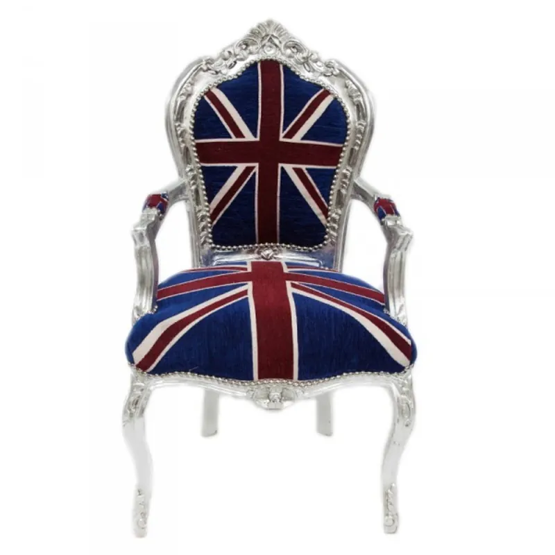 Casa Padrino Baroque Dinner Chair with armrests Union Jack / Silver - antique style Kracherpreis