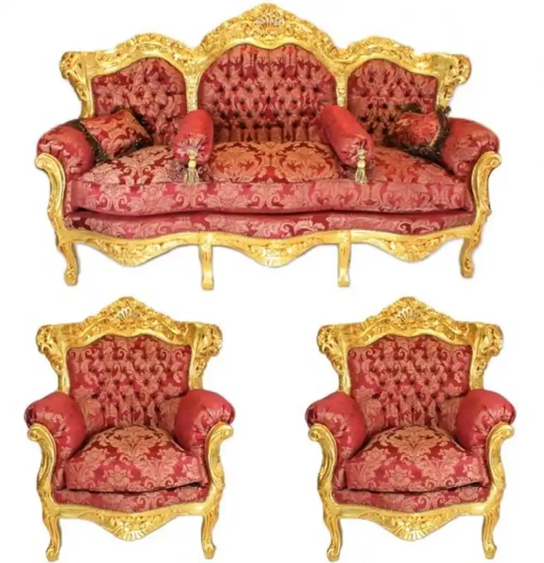 Casa Padrino Baroque Living Set Bordeaux Bouquet pattern / Gold - 3er sofa + 2 armchairs Günstig