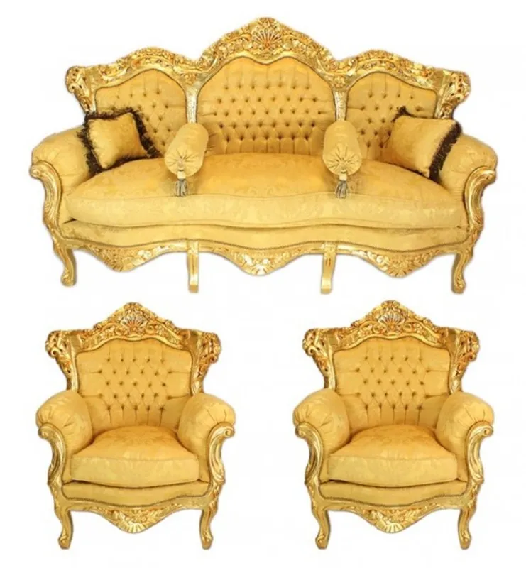 Casa Padrino Baroque Living Set Gold Bouquet pattern / Gold - 3er sofa + 2 armchairs Markenware