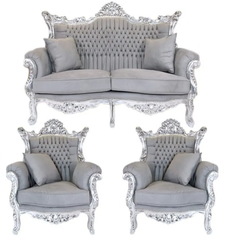 Casa Padrino Baroque Living Set Master Grey / Silver - 2-seater sofa + 2 armchairs Direkt Vom Hersteller