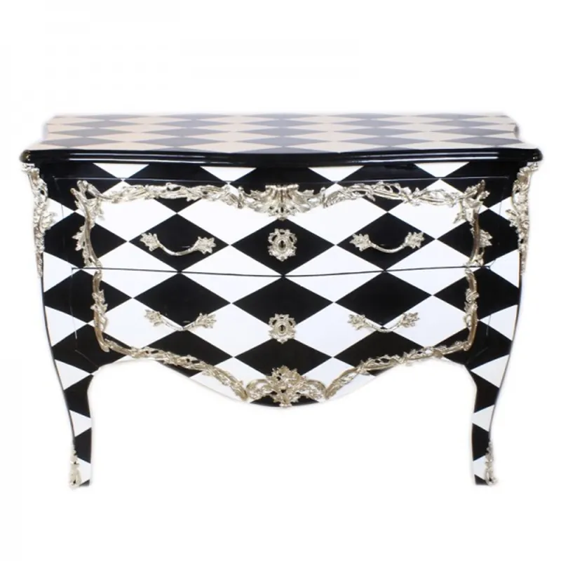 Casa Padrino Baroque chest Black / White Checked / silver 130 cm - Handcrafted from solid wood Preis Gesenkt