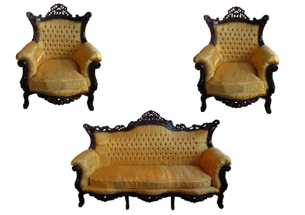 Casa Padrino Baroque Living Set Master Gold Pattern / Mahagony Brown - 3 seater sofa + 2 armchairs Meistverkauft