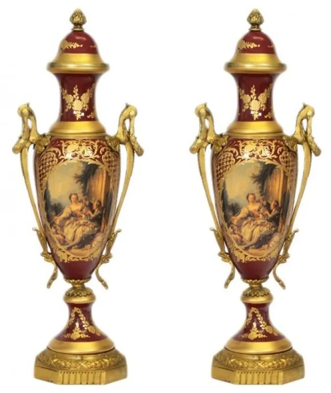 Casa Padrino Baroque Porcelain Cup Set Bordeaux Red / Gold B20 H58 cm (2 pieces) - Grand Decor - Hotel Decoration Billig