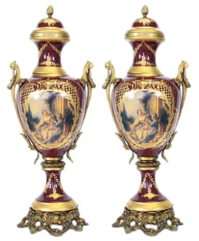 Casa Padrino Baroque Porcelain Cup Set Bordeaux Red / Gold B26 H63 cm (2 pieces) - Grand Decor - Hotel Decoration Neue Ware