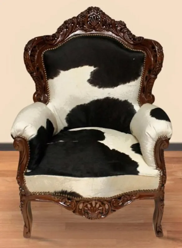 Mega-Angebot Casa Padrino Baroque Armchair King Cowhide Black & White / Brown - Genuine Cow fur