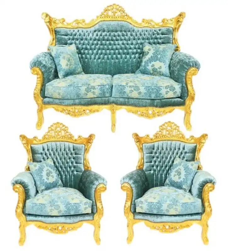 Bestseller Casa Padrino Baroque Living Set Master Turquoise Blue pattern velvet / gold - 2-seater sofa + 2 armchairs - Limited Edition!