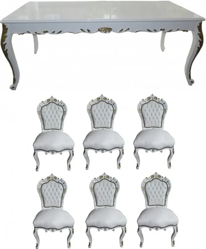 Casa Padrino Baroque Dinner Set White / White / Gold - dining table + 6 chairs - antique style furniture Nur Heute