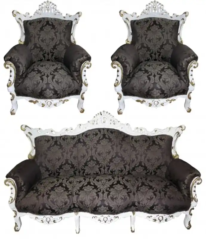 Zertifiziert Casa Padrino Baroque Living Set Black Pattern / White / Gold - 3 seater sofa + 2 armchairs