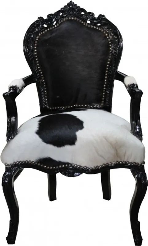 Casa Padrino Baroque Dinner Chair Cowhide / Black with armrest - Genuine Cow fur Jetzt Kaufen