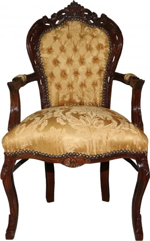 Highlight Casa Padrino Baroque dining room chair Gold Flower Pattern / Brown with armrests