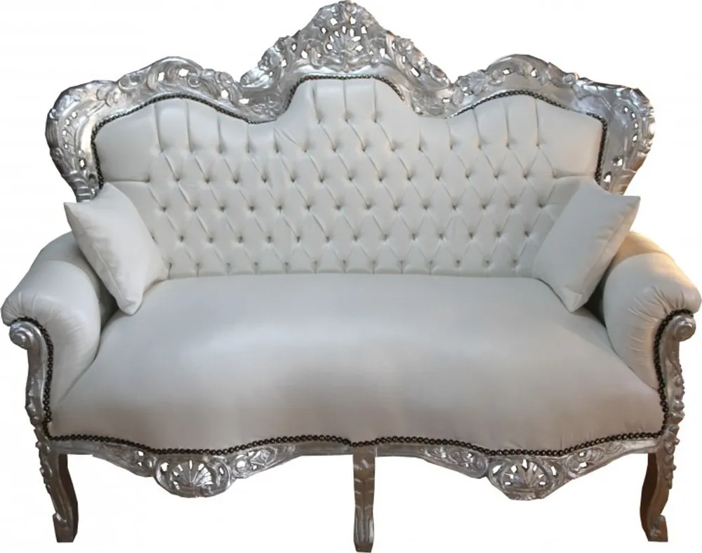 Casa Padrino Baroque King 2-seater white leather look / Silver - living room couch furniture Lounge Nur Für Kurze Zeit