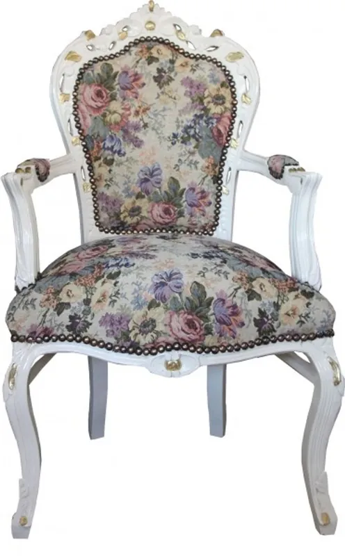 Sale Casa Padrino Baroque Dining Chair with Armrests Flower Pattern / Cream / Gold - Limited Edition
