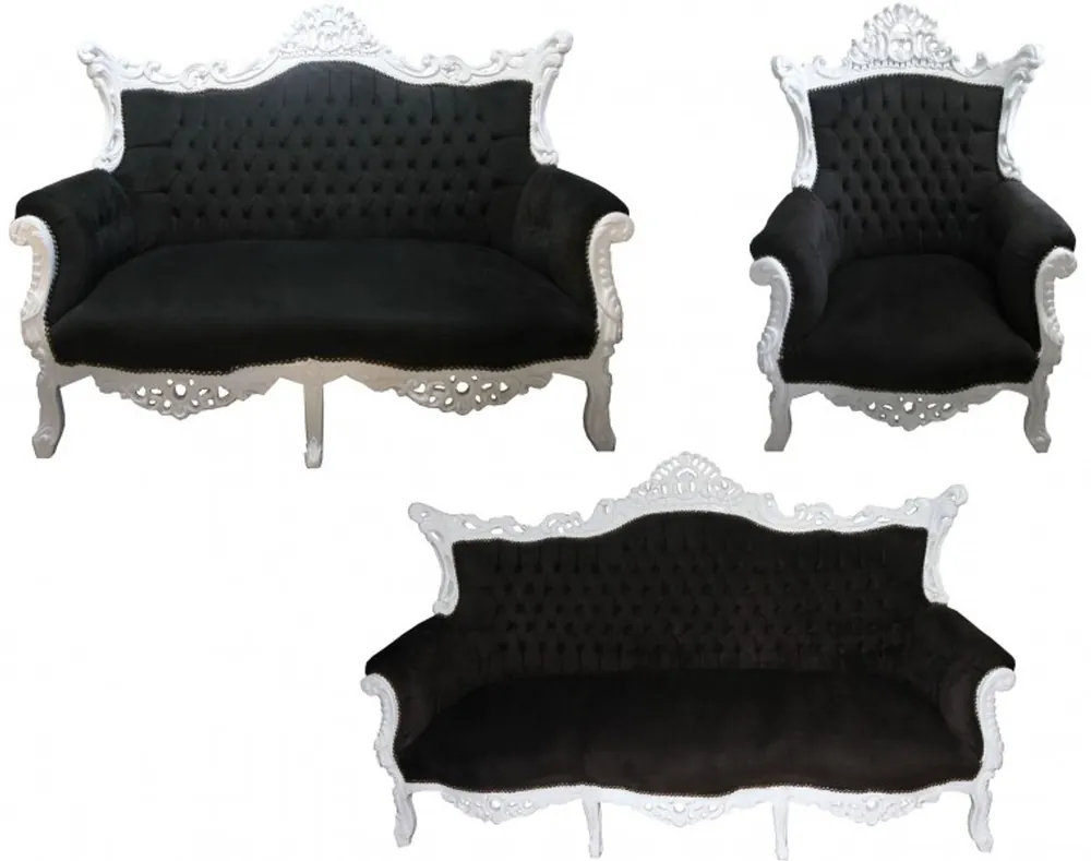 Casa Padrino Baroque Living Room Set Black/White - 3 seater +2 seater sofa + 1 chair Schneller Versand