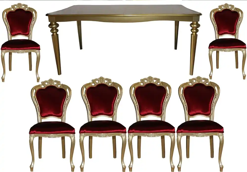Casa Padrino Baroque Luxury Dining Room Set Bordeaux / Gold - Dining Table + 6 Chairs - Antique Style Furniture - Luxury Quality - Limited Edition Letzte Chance