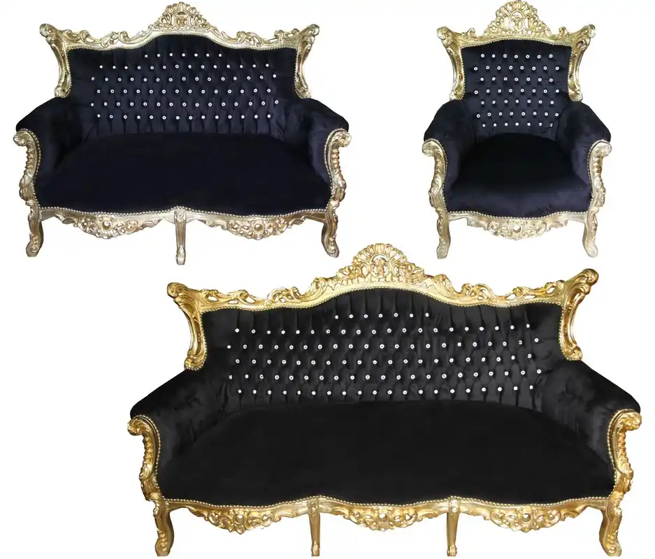 Sichere Zahlung Casa Padrino Baroque Living Room Set Master Black / Gold with Bling Bling Glittering - 3 seater sofa + 2 seater sofa + 1 armchair