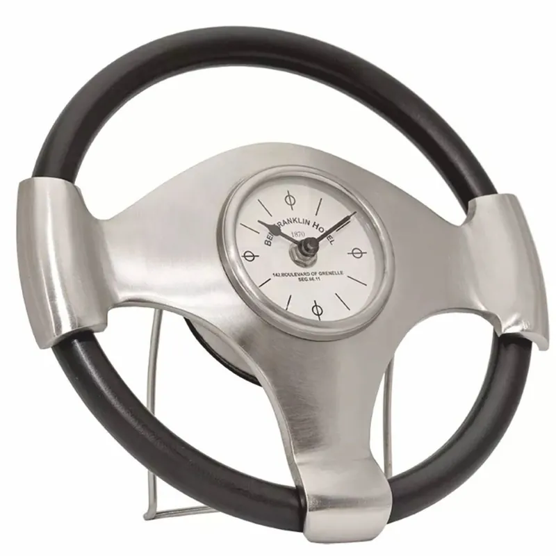 Casa Padrino Steering Wheel Table Clock Silver / Brown Ø 26 cm - Decorative Accessories Markenprodukt