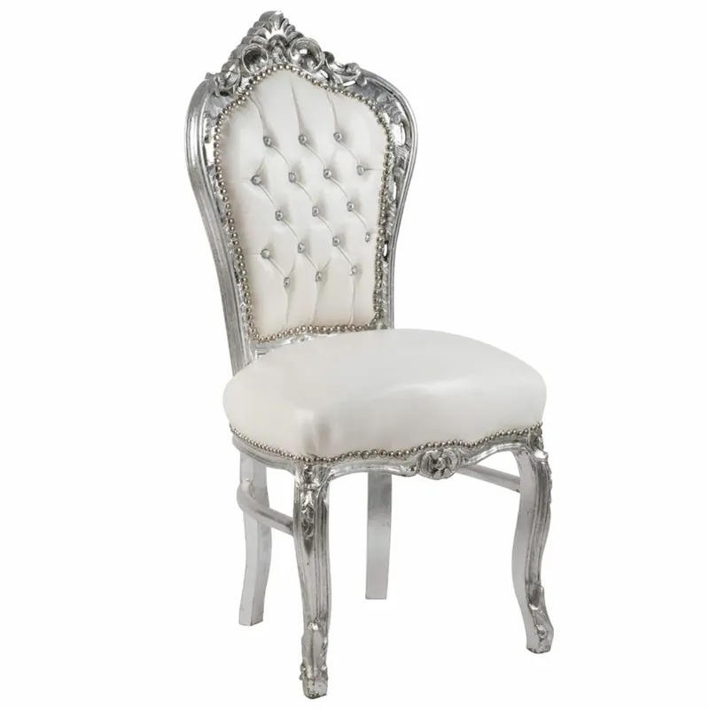 Preisreduziert Casa Padrino Baroque Faux Leather Dining Chair with Rhinestones White / Silver