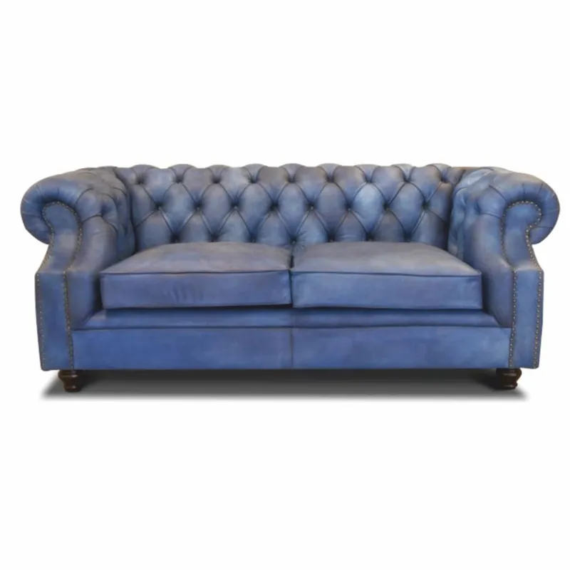 Casa Padrino Luxury Chesterfield Leather Sofa Vintage Light Blue / Dark Brown 200 cm Finale Aktion