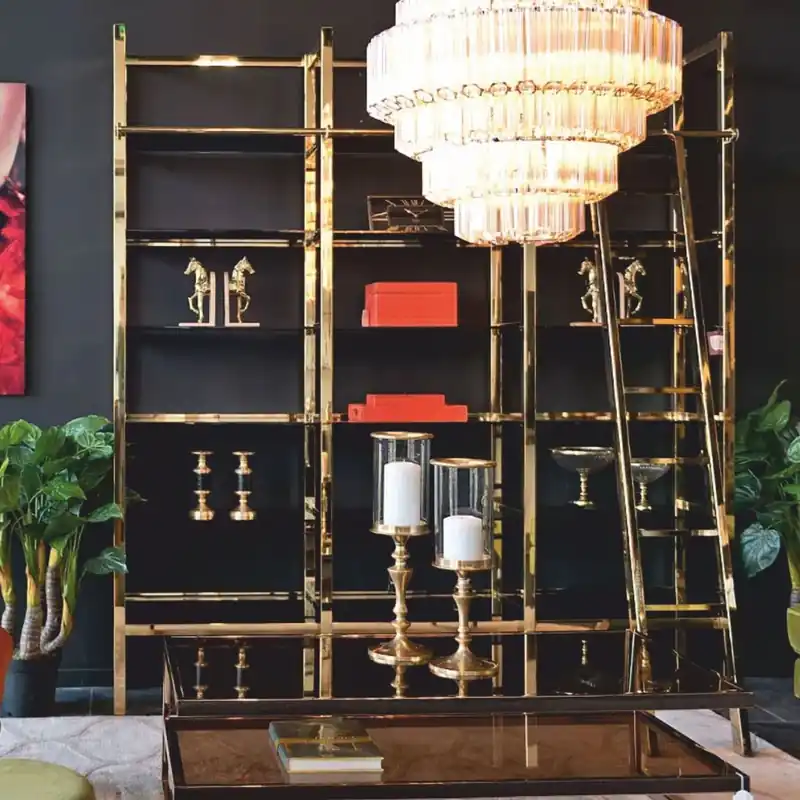 Casa Padrino Metal Shelf Cabinet with Ladder Gold / Black 245 x 45 x H. 223 cm Sichere Zahlung
