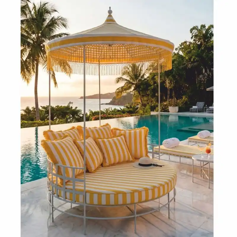 Neue Kollektion Casa Padrino Luxury Wrought Iron Sun Lounger with Canopy Gray / White / Yellow Ø 170 x H. 260 cm