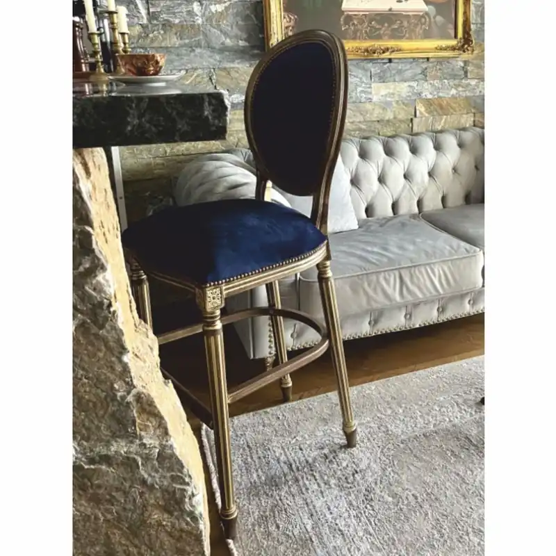 Casa Padrino luxury baroque bar stool dark blue / brown / natural H. 127 cm - Baroque bar furniture Saisonangebot